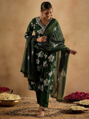 Dark Green Floral Pure Cotton Kurta With Trousers & Dupatta