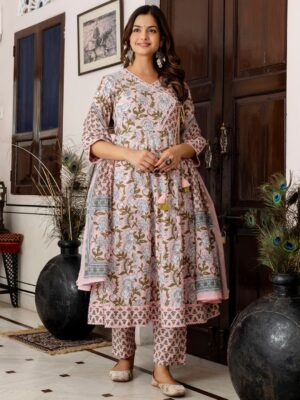 Floral Printed Regular Beads & Stones Pure Cotton Kurta With Trousers & Dupatta