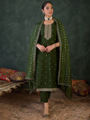 Olive Green Zari Embroidered Suit Set