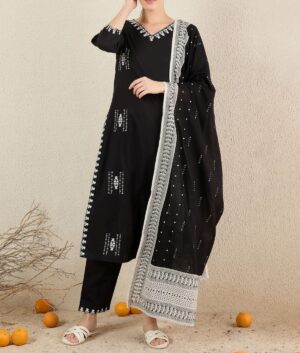 Black & White Thread Embroidered Cotton Suit Set