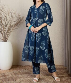 Indigo Handblock Printed Cotton Kurta Set