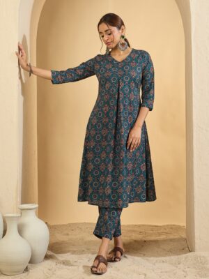 Teal Ethnic Motif Printed Cotton Kurta Set
