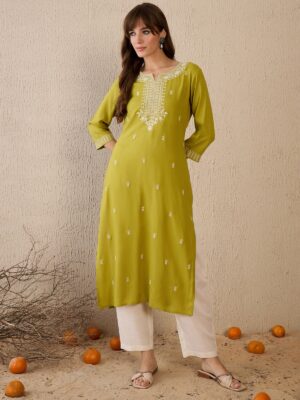 Olive Green Ethnic Embroidered Thread Work Kurta