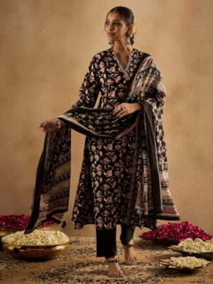 Floral Printed Angrakha Pure Cotton A-Line Kurta With Trousers & Dupatta